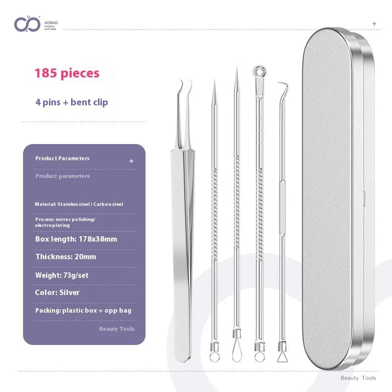Four silver metal acne needles with ultra-fine pointed tips arranged on a clean surface.