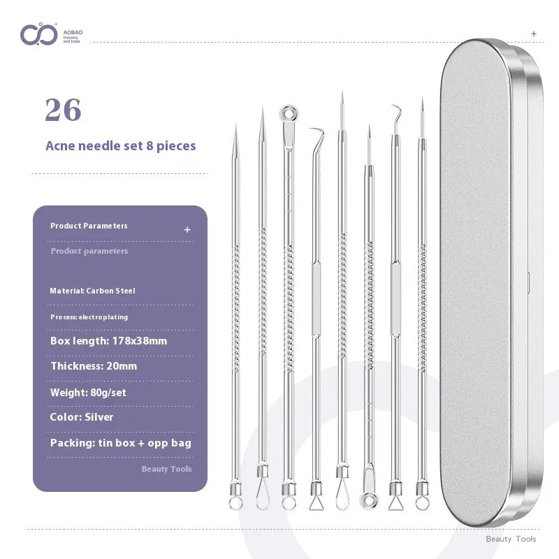 Four silver metal acne needles with ultra-fine pointed tips arranged on a clean surface.