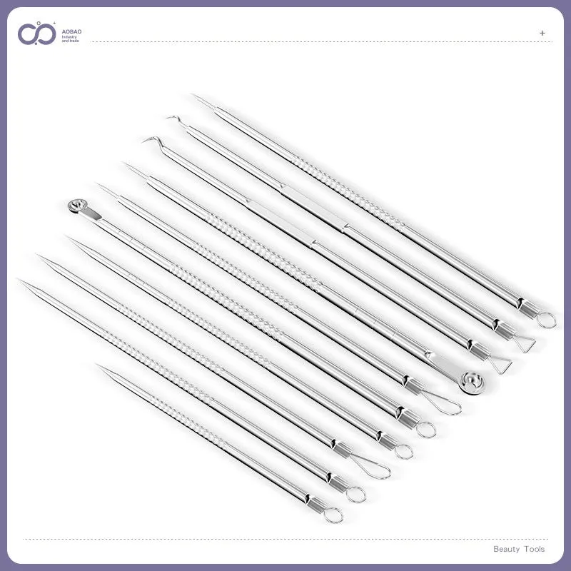 Four silver metal acne needles with ultra-fine pointed tips arranged on a clean surface.