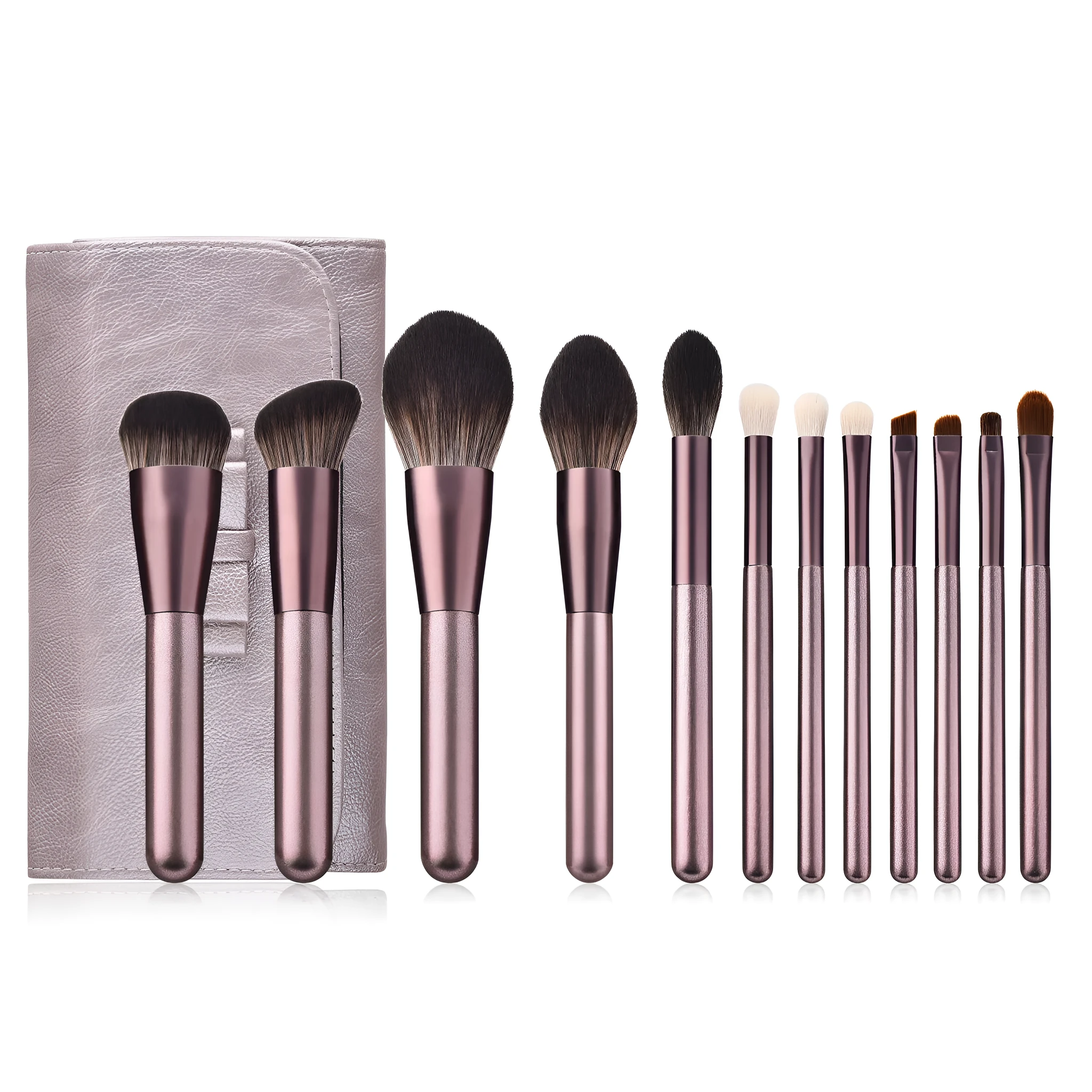 12 piece makeup brushes set with nylon bristles and wooden handles in a small grape beauty design