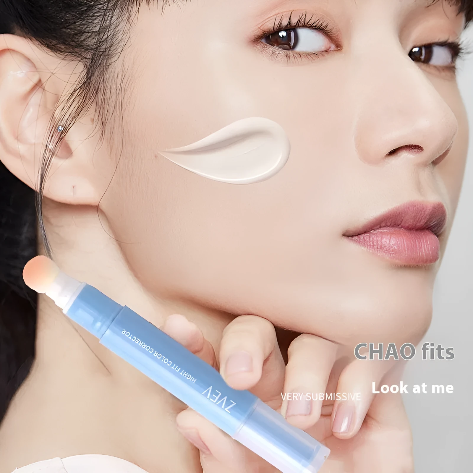 Concealer cream pen with sponge brush applicator showing three colour shade options