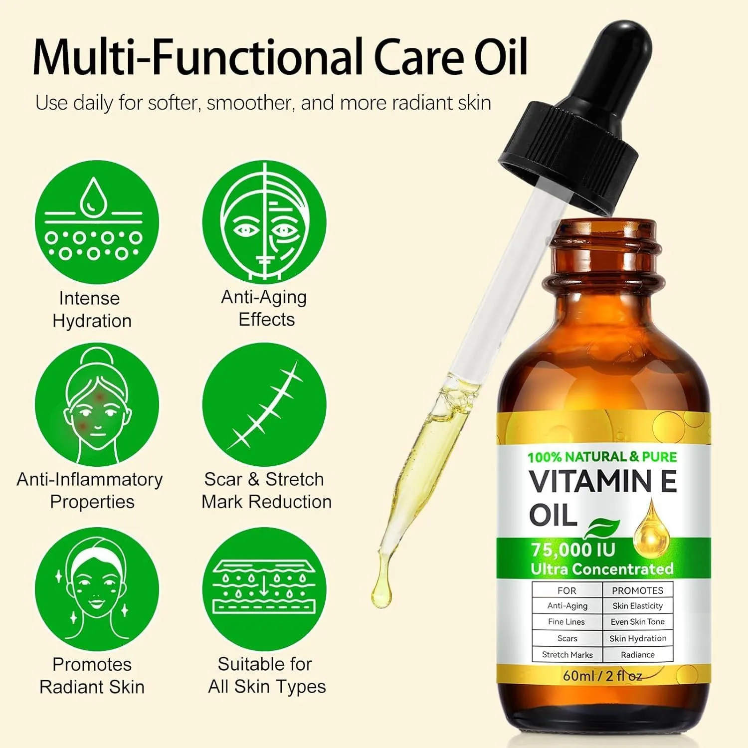 Vitamin E oil 60ml bottle for skincare moisturising, plain label, white cap