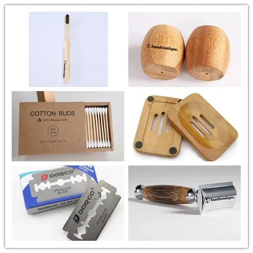 Natural bamboo handle double edged safety razor with silver metal head, 43mm x 132mm