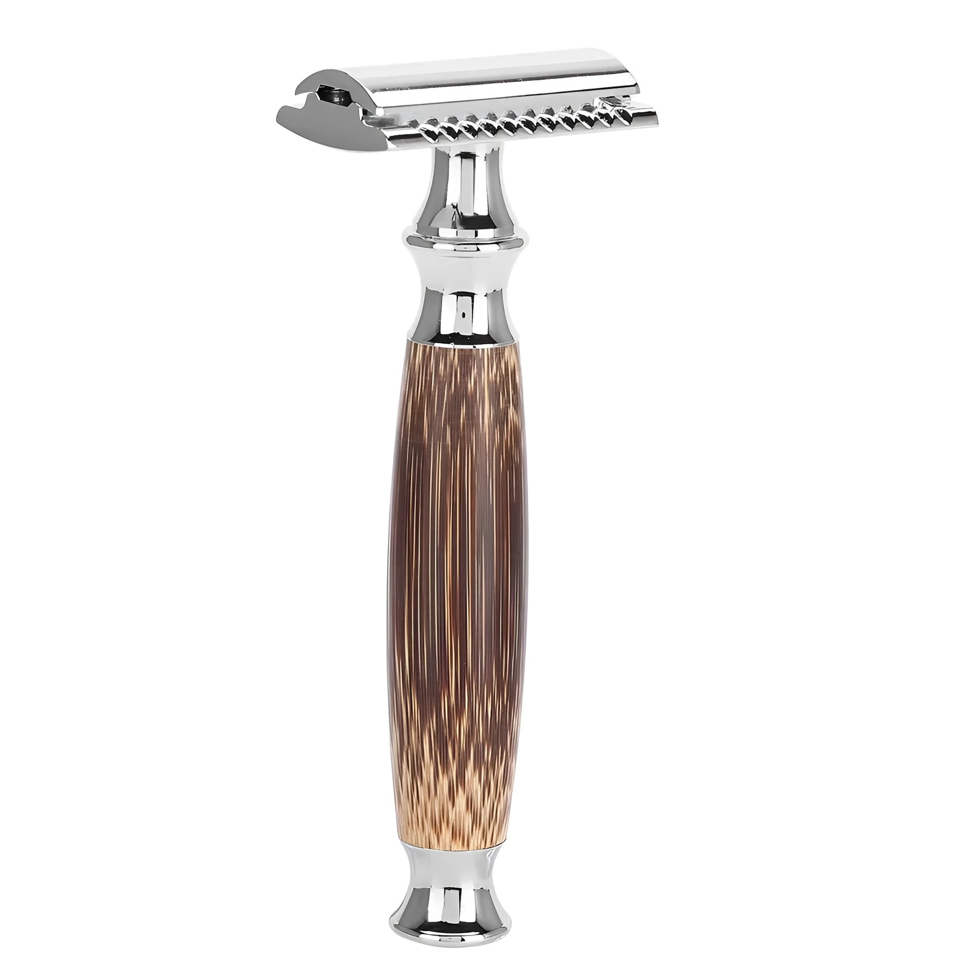 Natural bamboo handle double edged safety razor with silver metal head, 43mm x 132mm