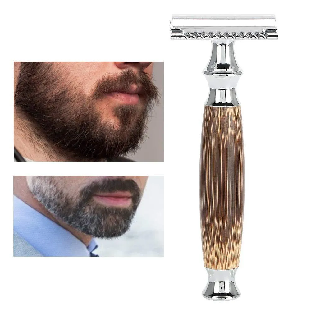 Natural bamboo handle double edged safety razor with silver metal head, 43mm x 132mm