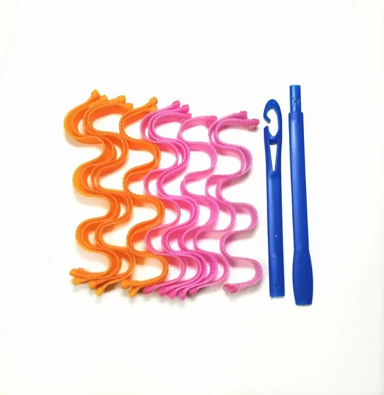 Twelve manual hair curlers in blue orange on a flat surface, 30cm length per curler