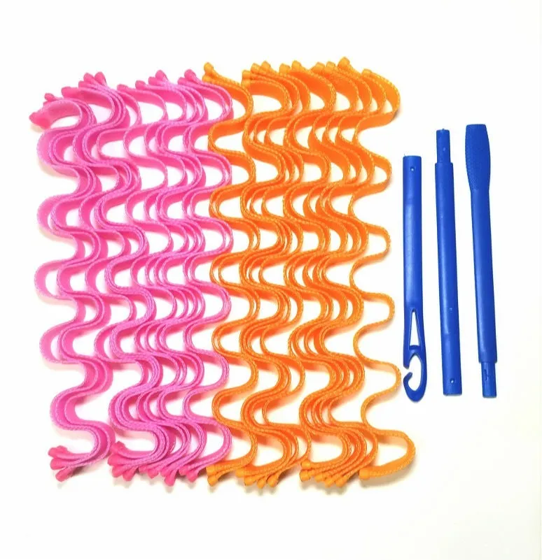 Twelve manual hair curlers in blue orange on a flat surface, 30cm length per curler