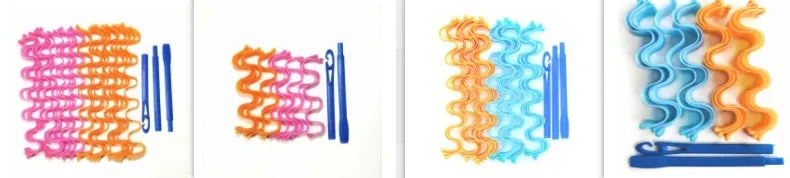 Twelve manual hair curlers in blue orange on a flat surface, 30cm length per curler