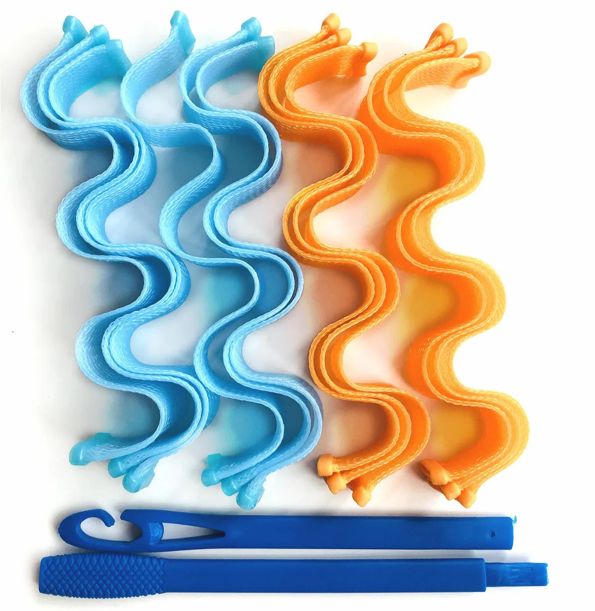 Twelve manual hair curlers in blue orange on a flat surface, 30cm length per curler