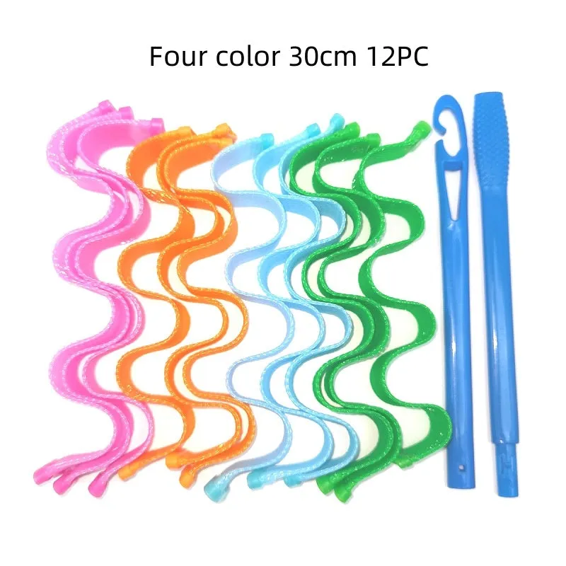 Twelve manual hair curlers in blue orange on a flat surface, 30cm length per curler