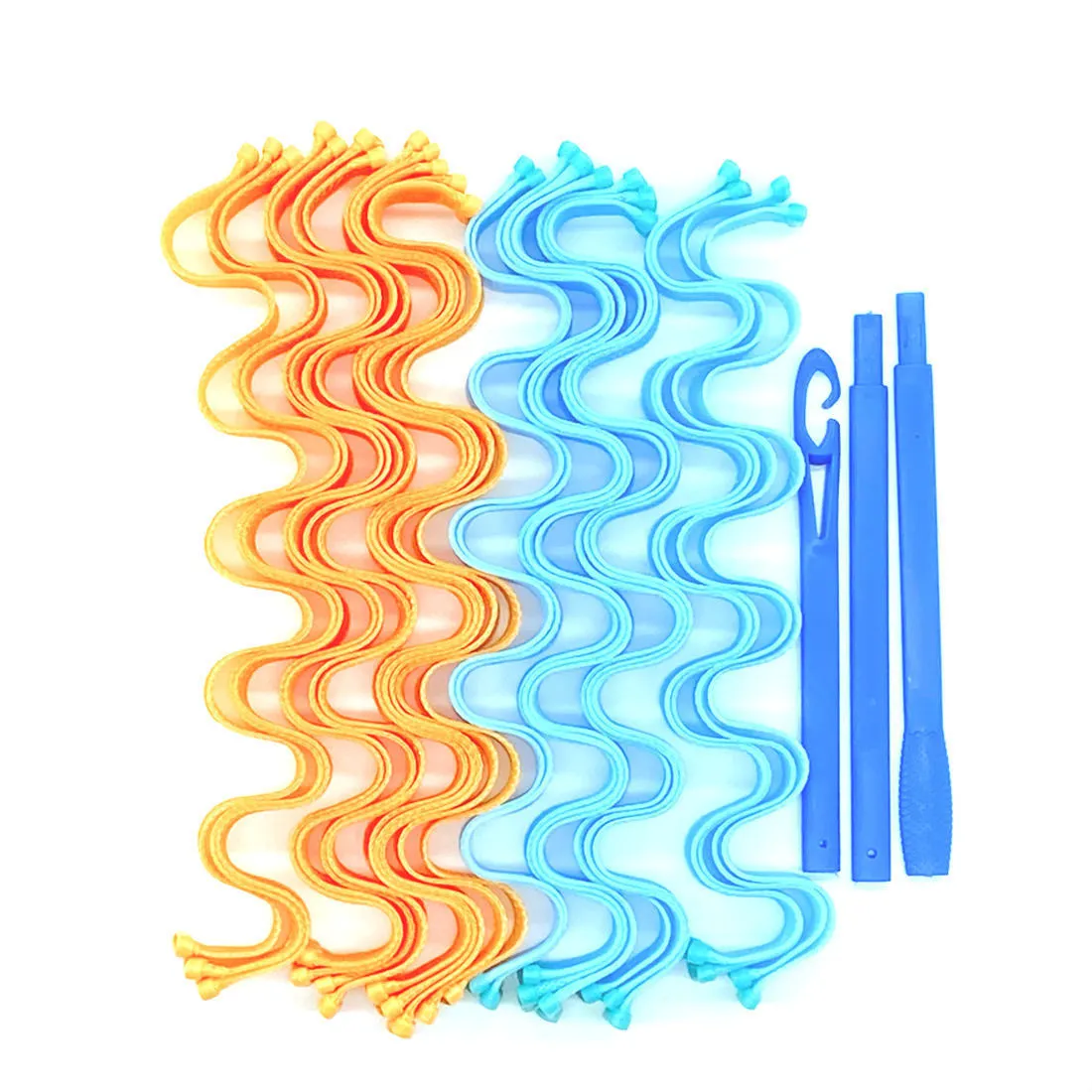 Twelve manual hair curlers in blue orange on a flat surface, 30cm length per curler