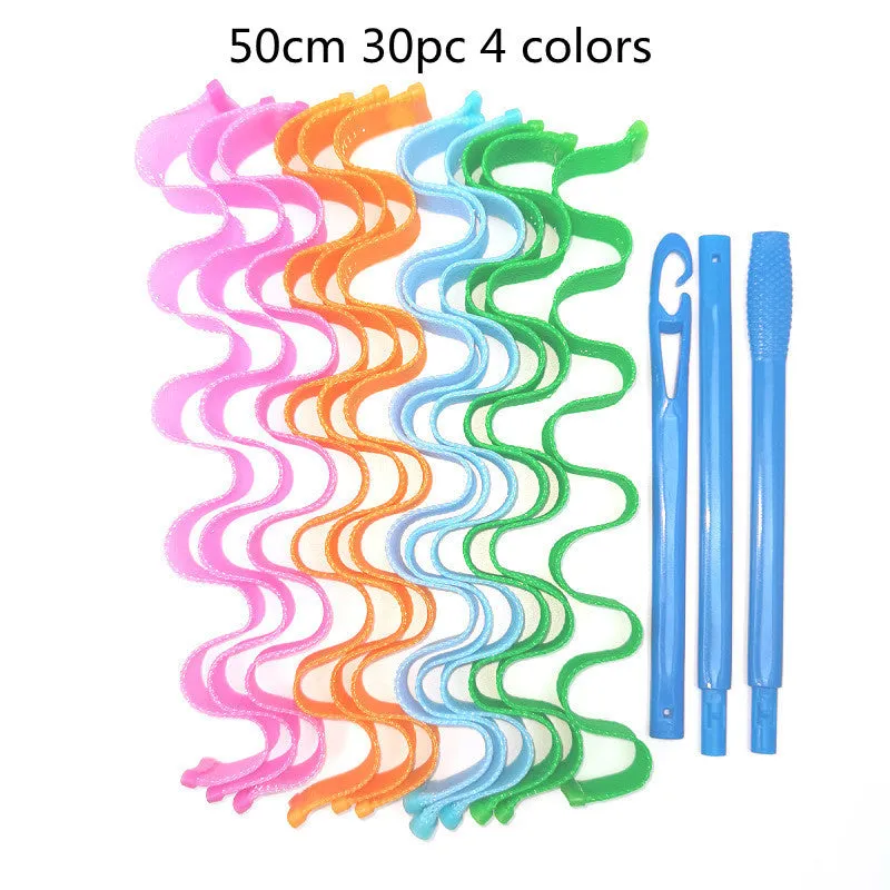 Twelve manual hair curlers in blue orange on a flat surface, 30cm length per curler