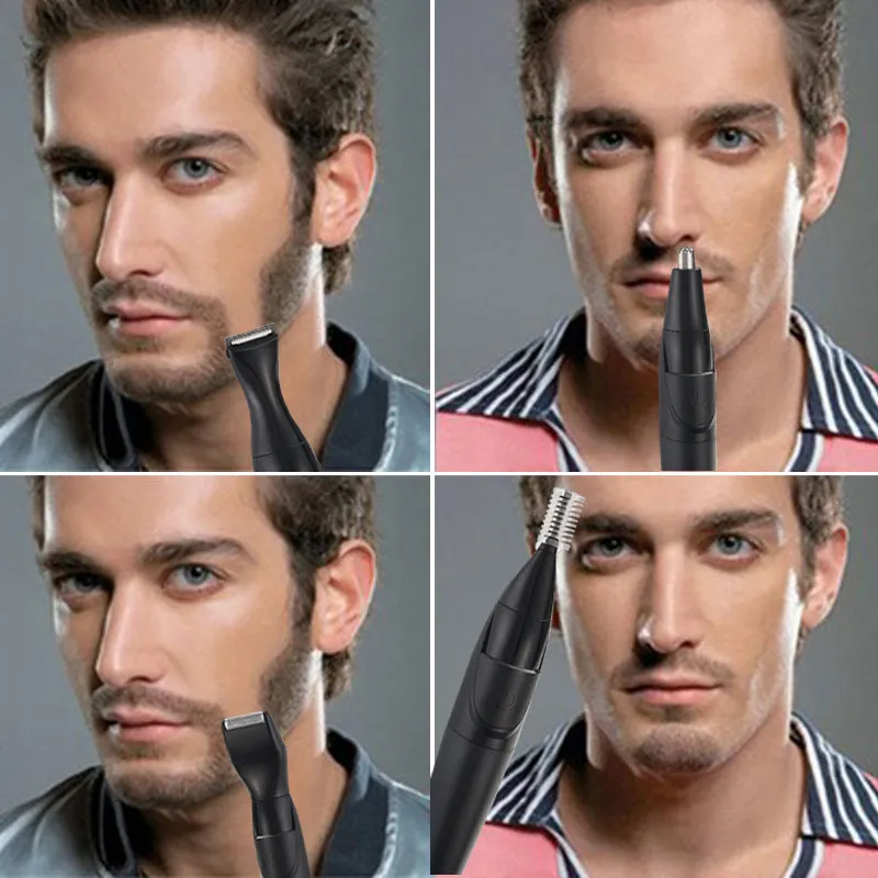 Men's black electric trimmer with reciprocating head, three positioning combs, and cleaning brush for beard and nose hair grooming