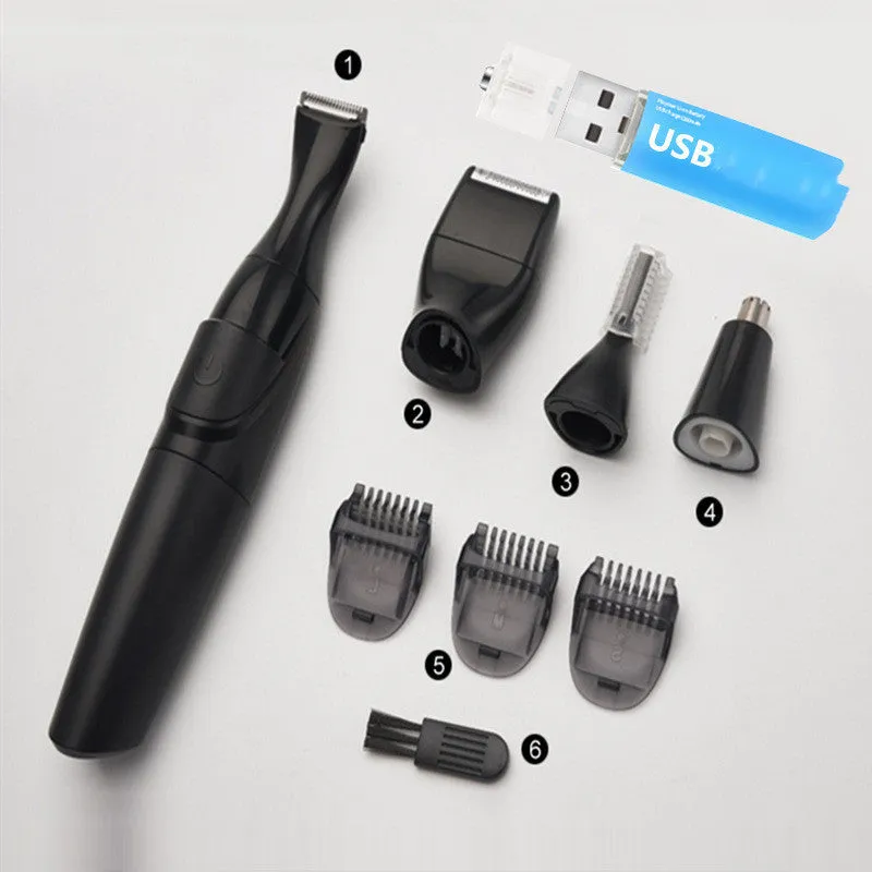 Men's black electric trimmer with reciprocating head, three positioning combs, and cleaning brush for beard and nose hair grooming