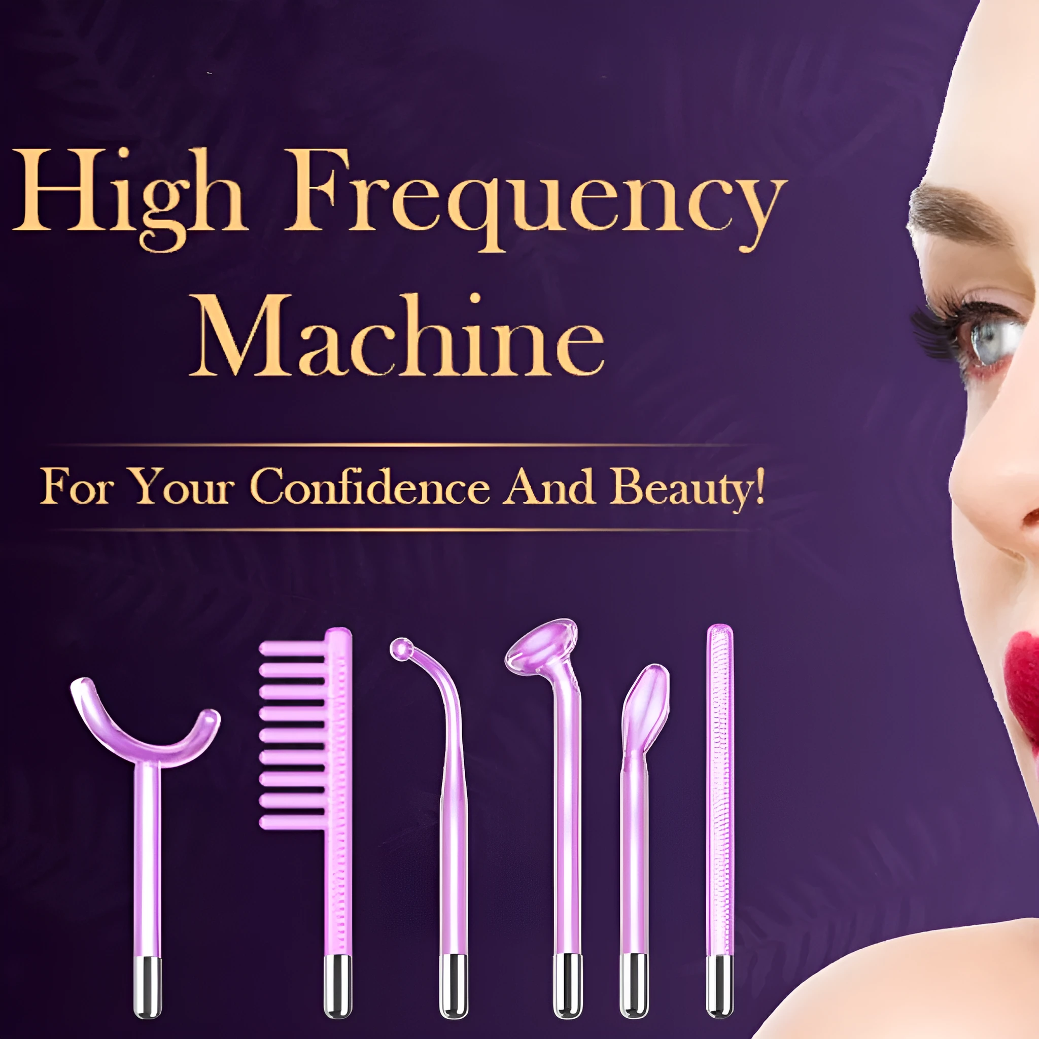 Purple high wave electrotherapy rod beauty instrument with six accessory heads and multi-standard plugs