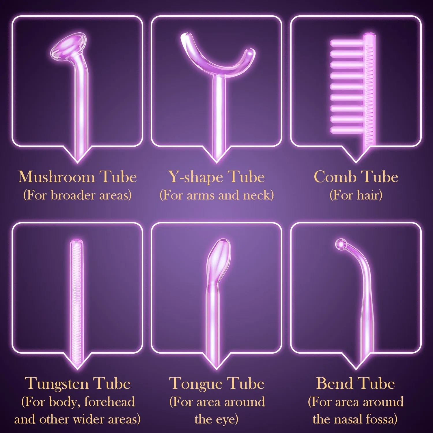 Purple high wave electrotherapy rod beauty instrument with six accessory heads and multi-standard plugs