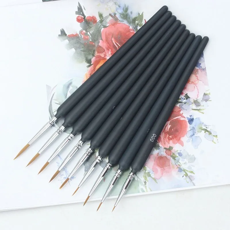 9-piece fine tip detail brush set with wood handles in black and red, nine nib sizes 000-6 for nail art and painting