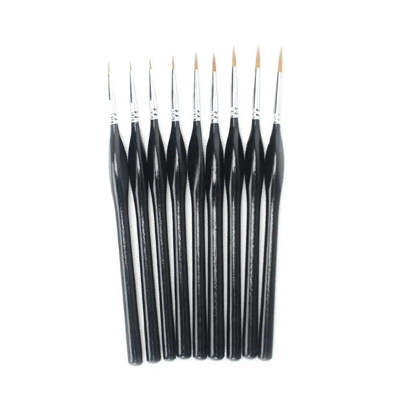 9-piece fine tip detail brush set with wood handles in black and red, nine nib sizes 000-6 for nail art and painting