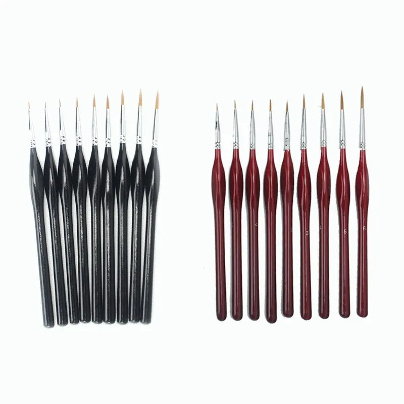 9-piece fine tip detail brush set with wood handles in black and red, nine nib sizes 000-6 for nail art and painting