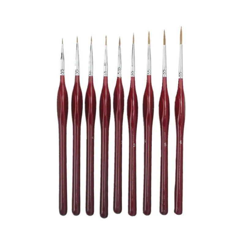 9-piece fine tip detail brush set with wood handles in black and red, nine nib sizes 000-6 for nail art and painting