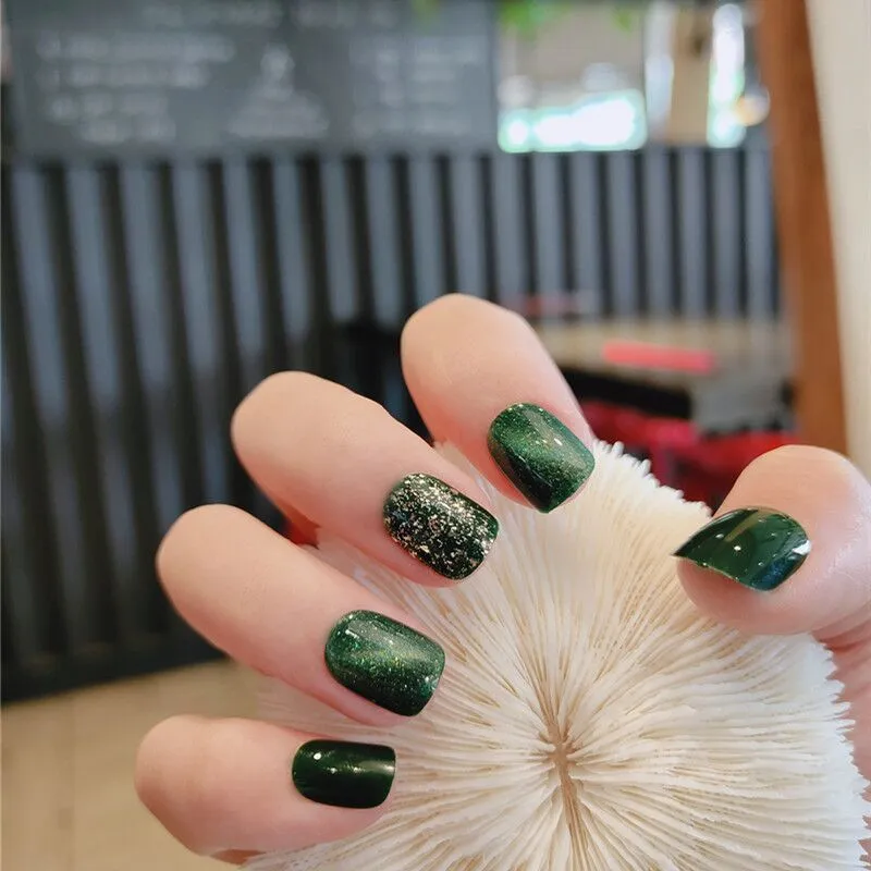 Emerald green plastic fake nail patches with flashing diamond finish 24 pieces