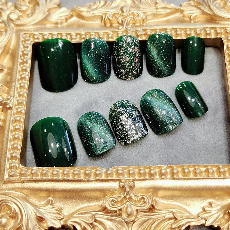 Emerald green plastic fake nail patches with flashing diamond finish 24 pieces