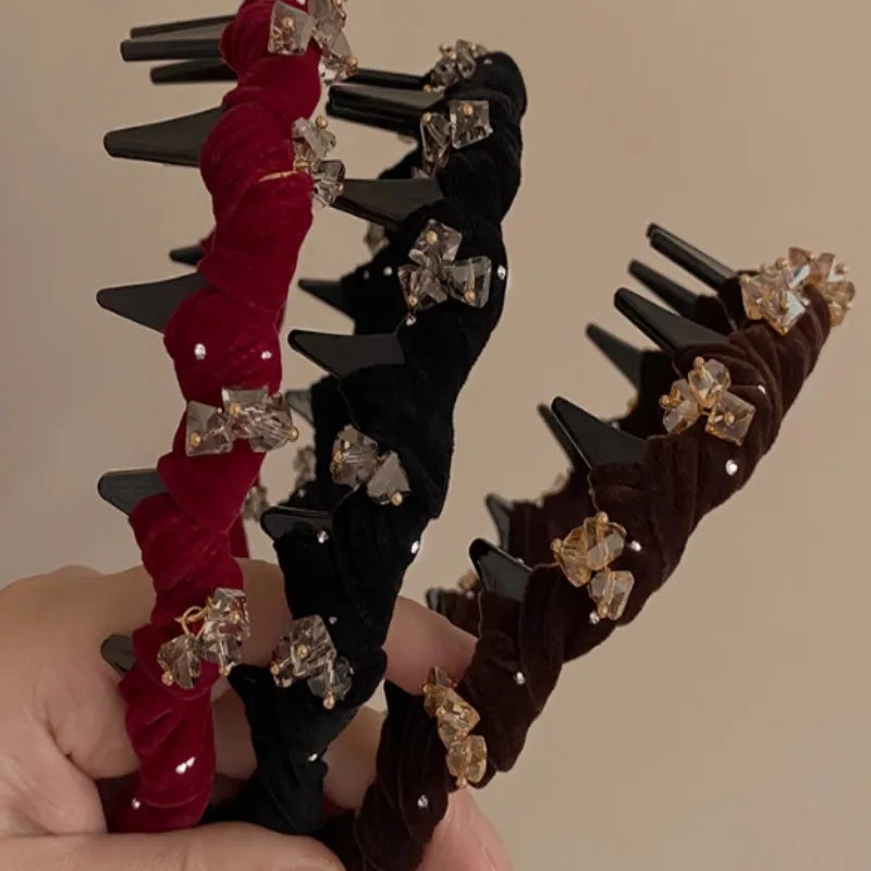 French velvet crystal hairband with high-head non-slip design in wine red, black, coffee colour options