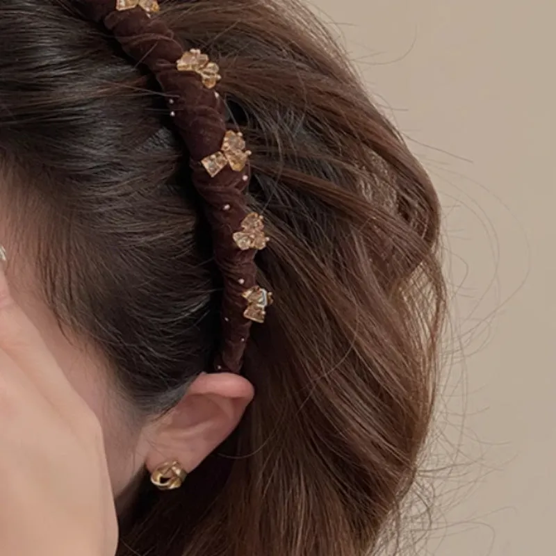 French velvet crystal hairband with high-head non-slip design in wine red, black, coffee colour options