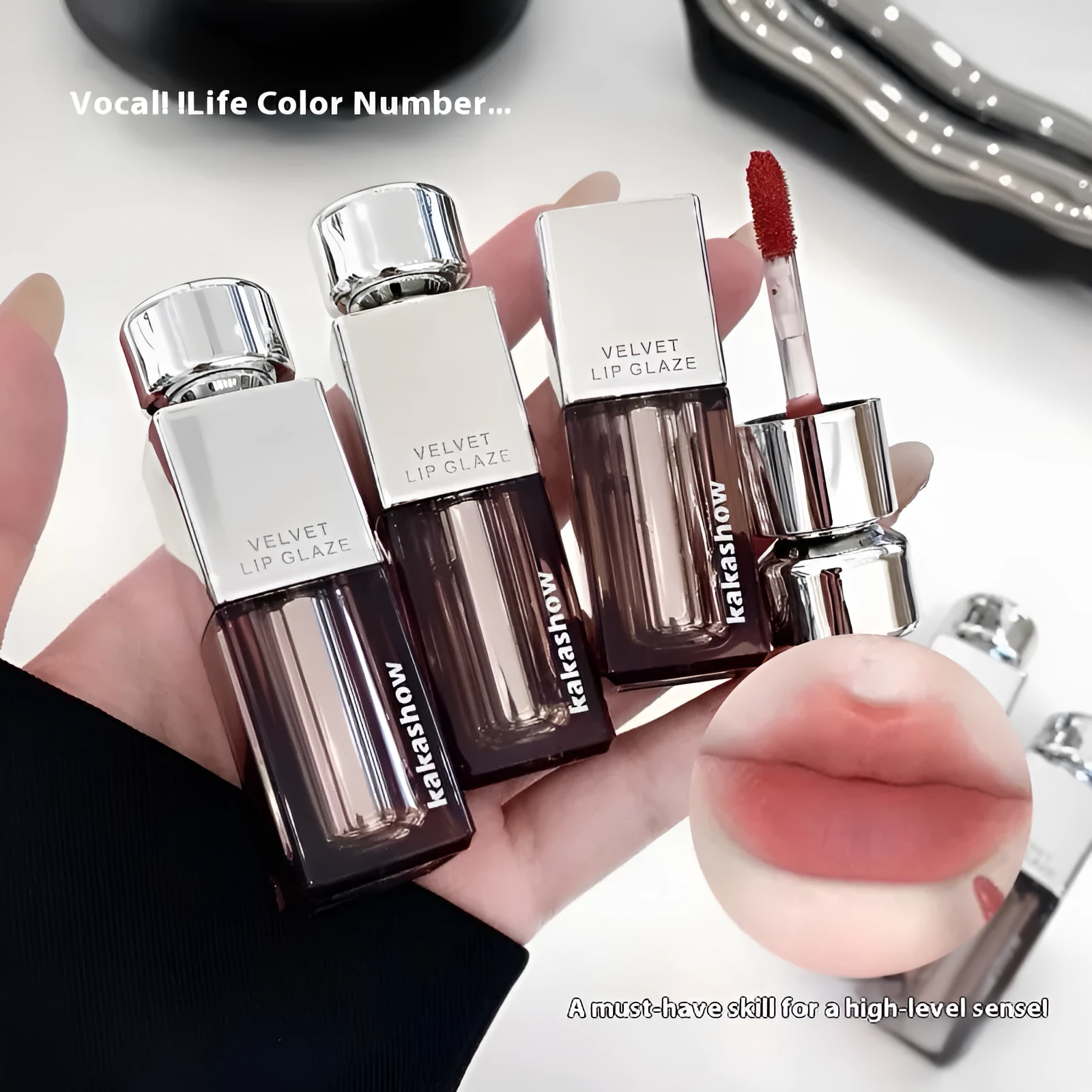 Kakashow matte velvet lip paint in six colour options showing 1.8g size
