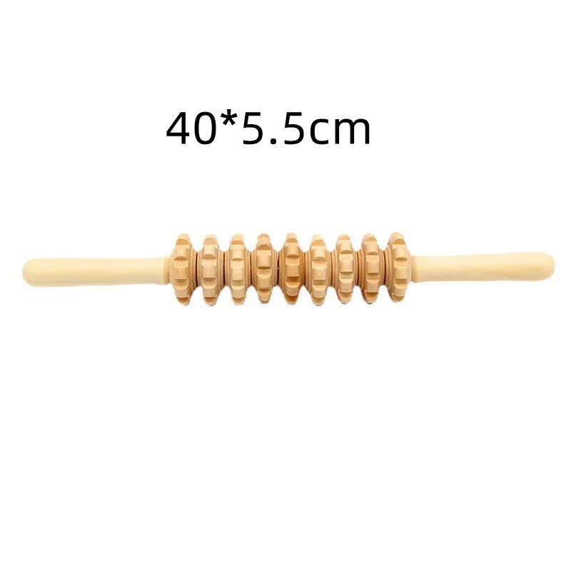 Set of three birch wood anti-cellulite massage hand rollers on a white background