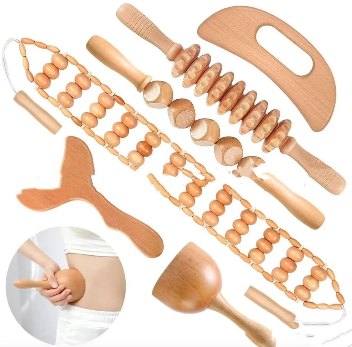Set of three birch wood anti-cellulite massage hand rollers on a white background
