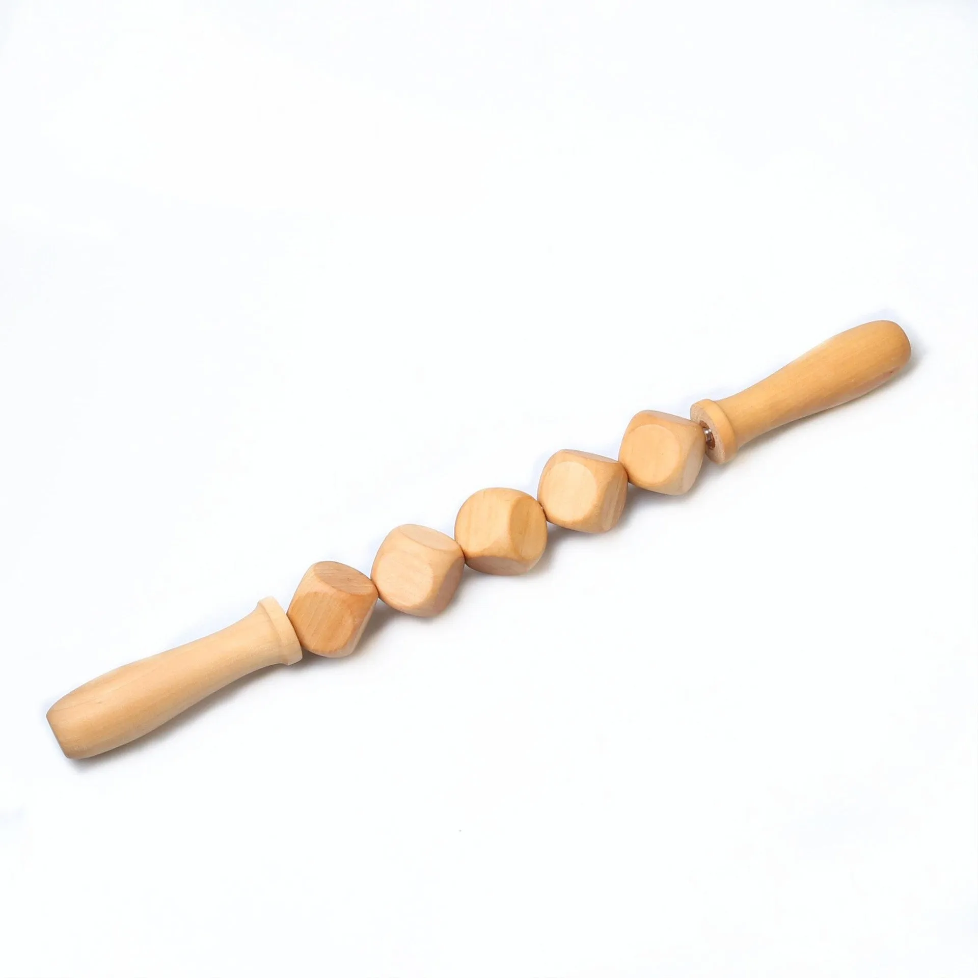 Set of three birch wood anti-cellulite massage hand rollers on a white background