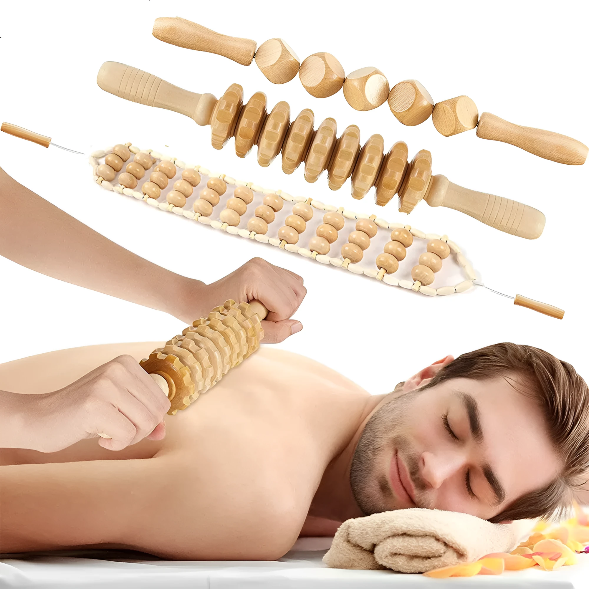 Set of three birch wood anti-cellulite massage hand rollers on a white background