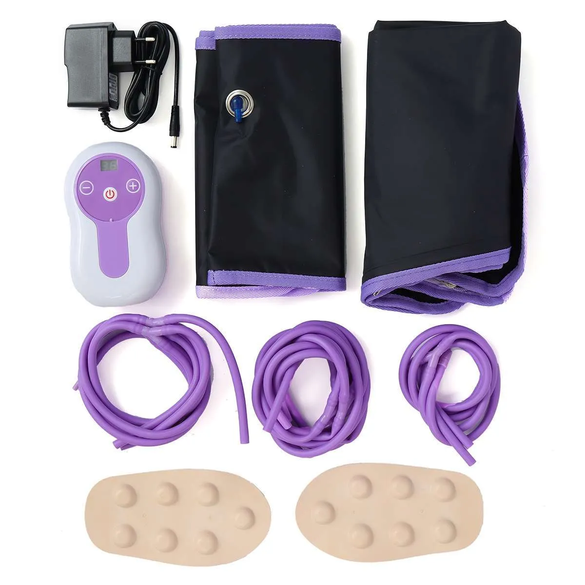 Pneumatic leg massager with handheld remote control and AC power cord for home or office use