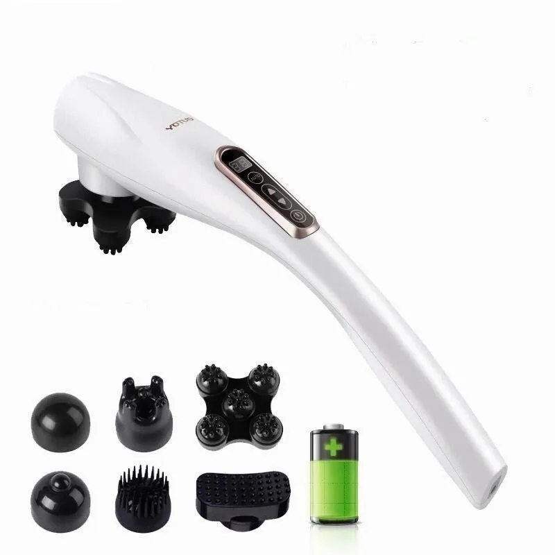 Electric handheld massager with six heads on white background showing body kneading design