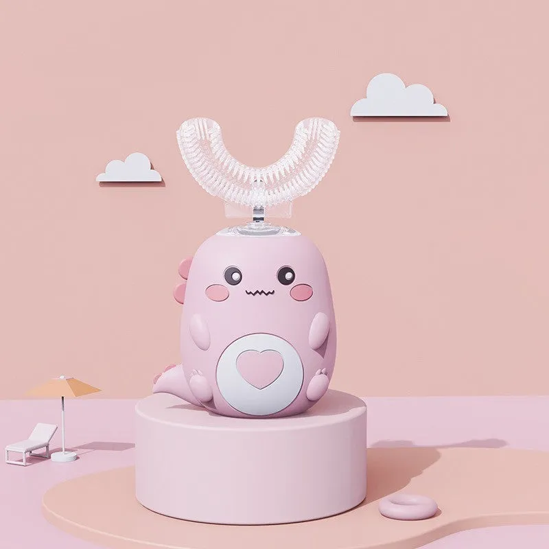 Children's electric toothbrush with food grade silicone U-shaped head, 360 degree automatic cleaning, USB charging, available in Little Dinosaur Pink, Blue, Green