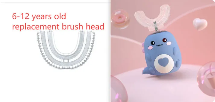 Children's electric toothbrush with food grade silicone U-shaped head, 360 degree automatic cleaning, USB charging, available in Little Dinosaur Pink, Blue, Green