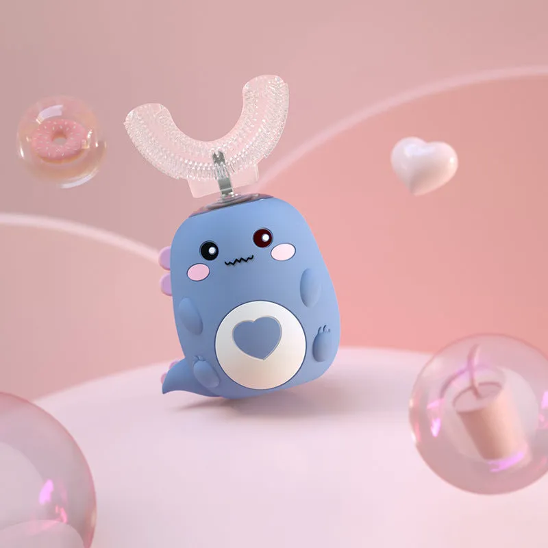 Children's electric toothbrush with food grade silicone U-shaped head, 360 degree automatic cleaning, USB charging, available in Little Dinosaur Pink, Blue, Green