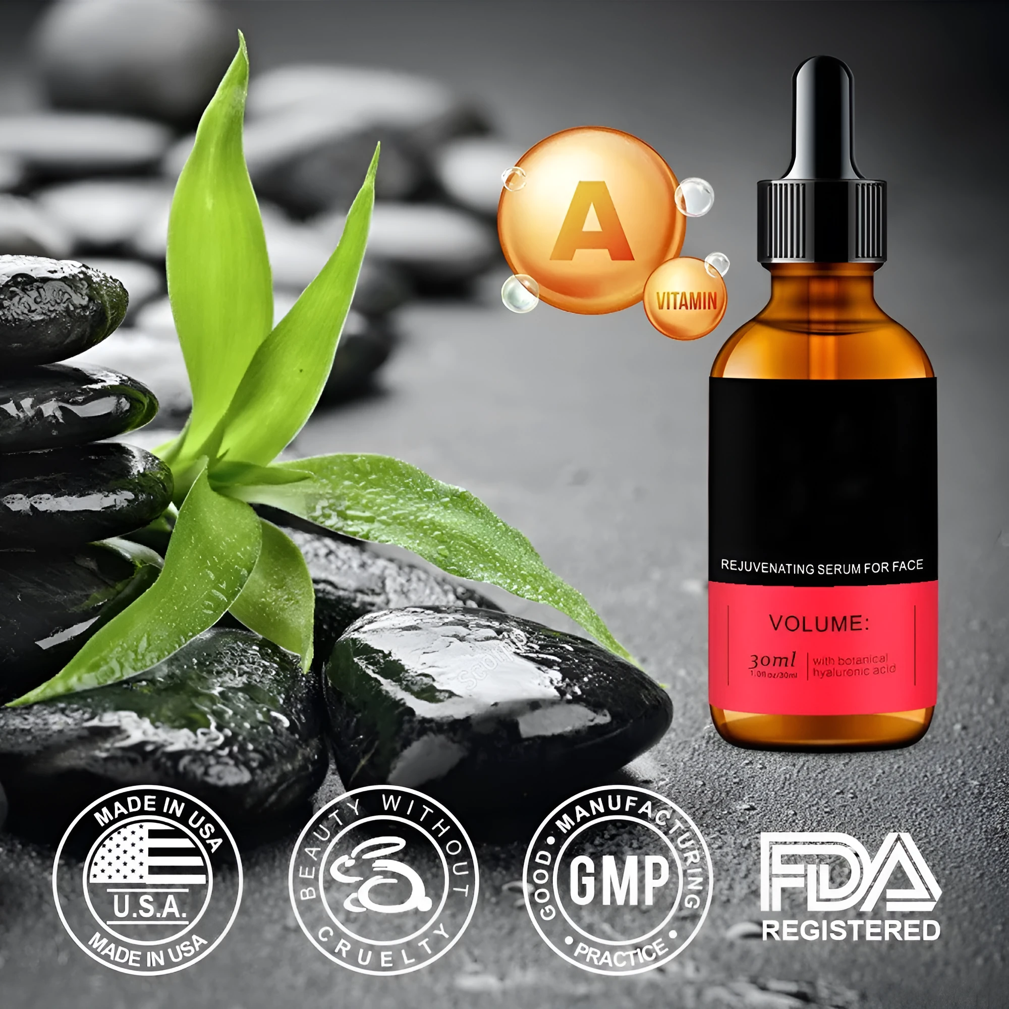 30ml bottle of retinol vitamin A stock solution facial serum with hyaluronic acid and vitamin C