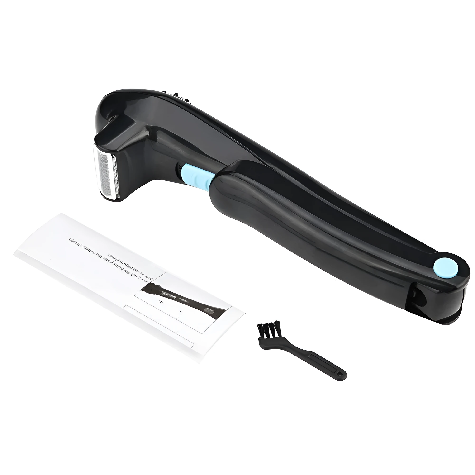 Black folding body electric shaver for whole body hair removal, uses AA batteries.