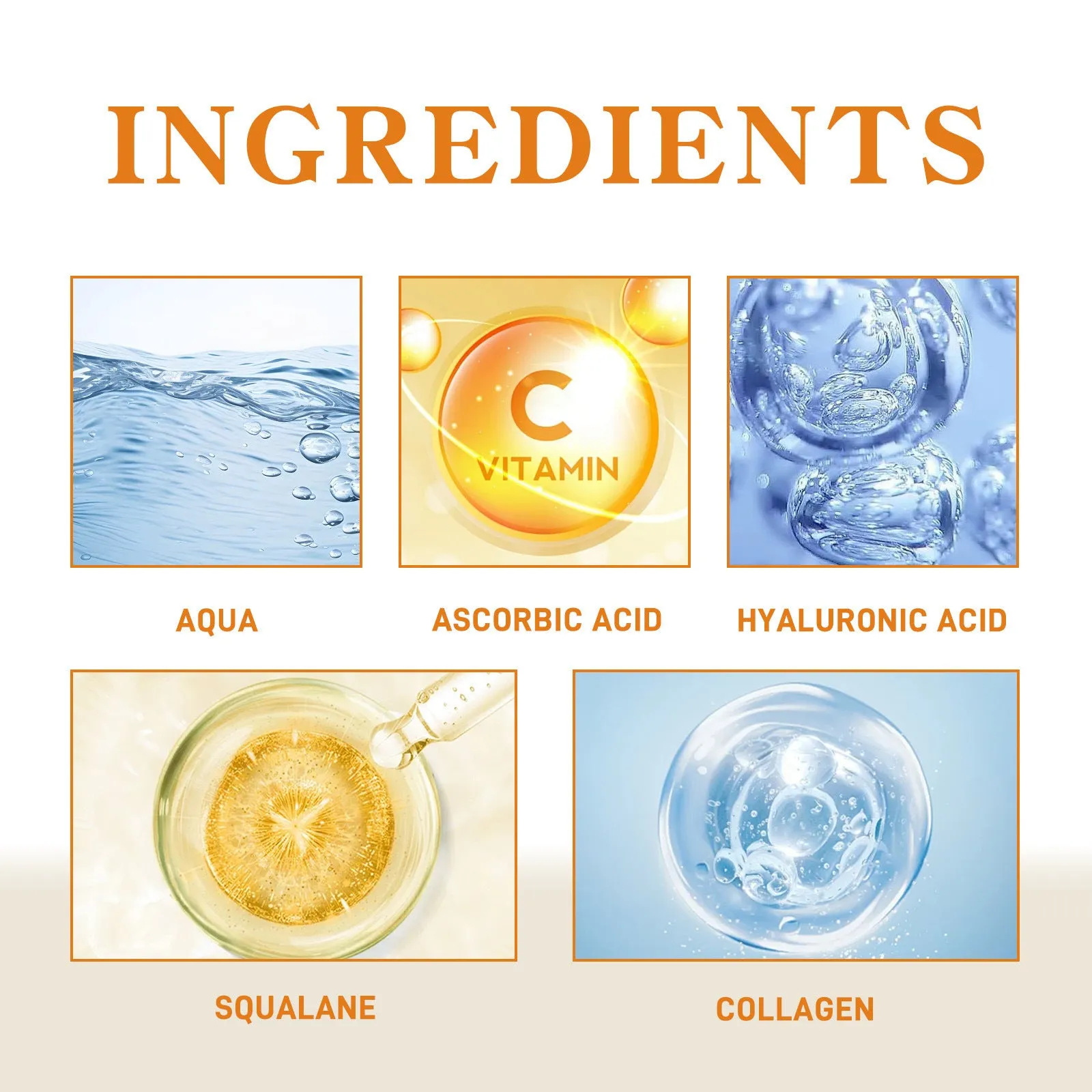 Squalane face serum in a PET bottle with vitamin C, hyaluronic acid, collagen for hydration, 3x3x10.5cm