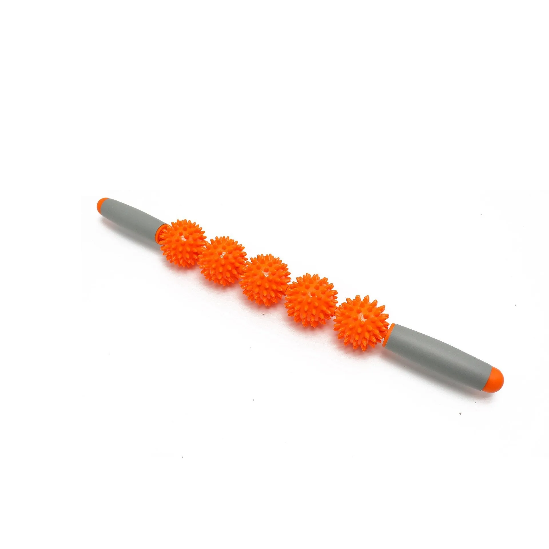 Anti cellulite massager stick with hedgehog-shaped balls and green padded ergonomic handles on a white background