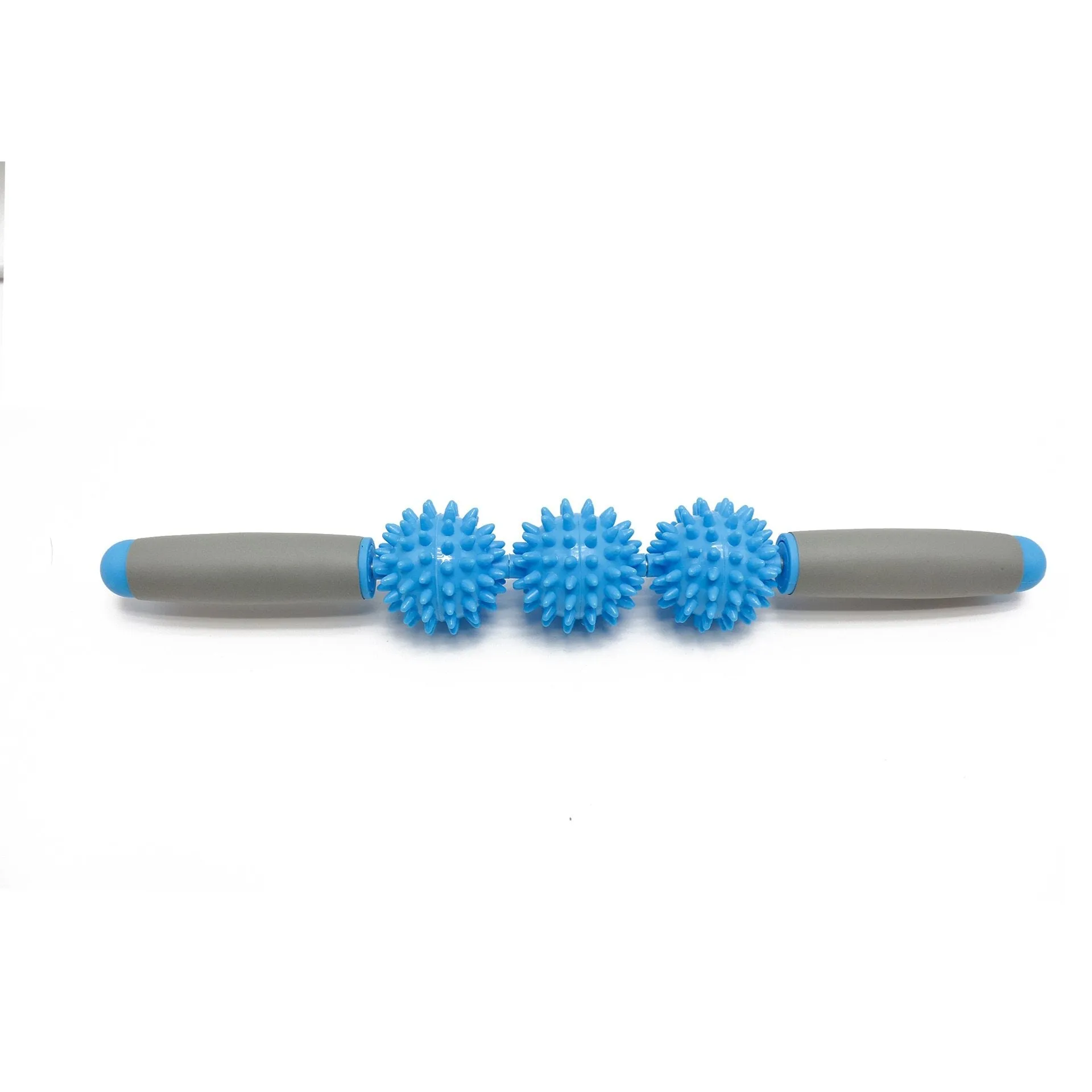 Anti cellulite massager stick with hedgehog-shaped balls and green padded ergonomic handles on a white background