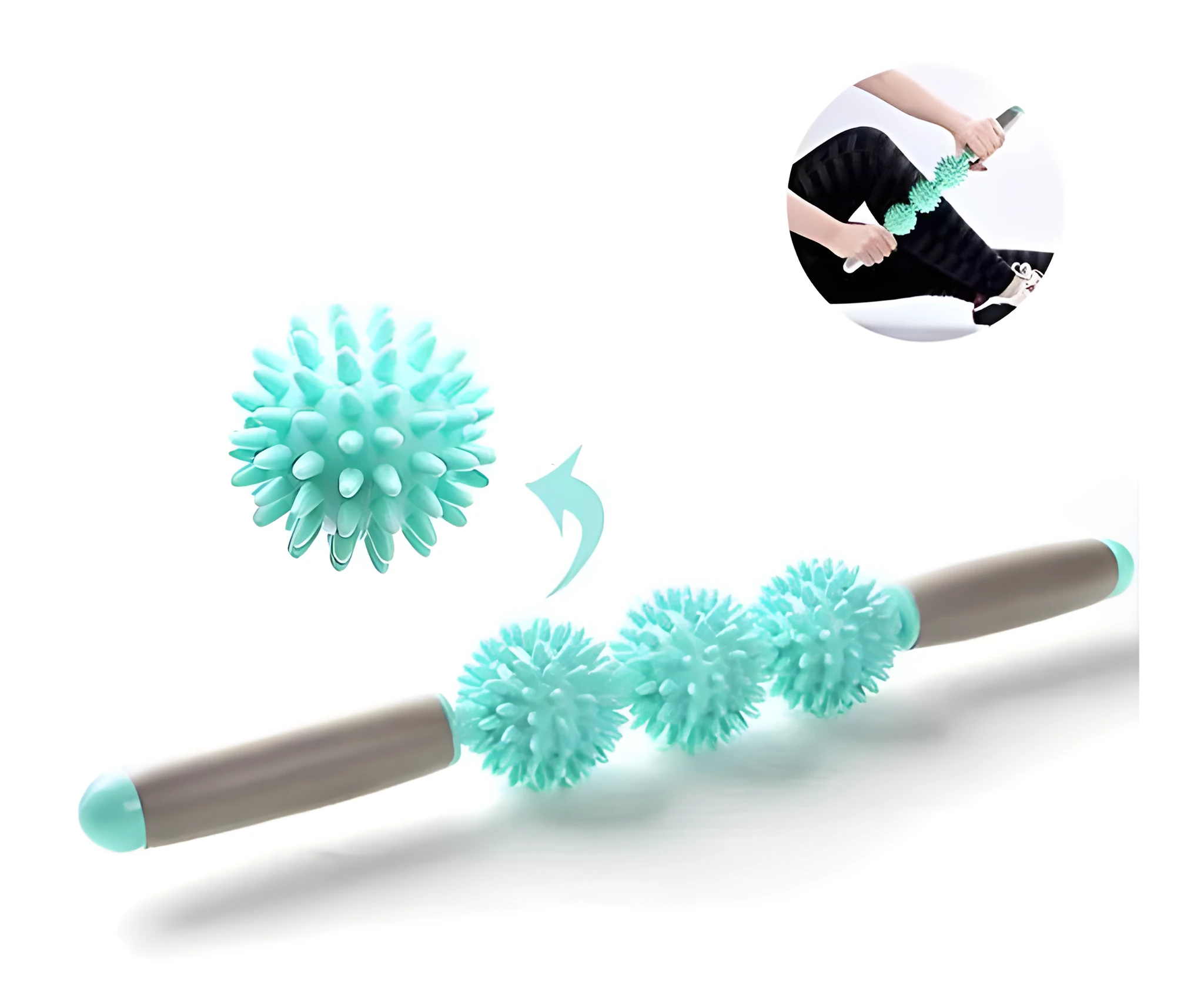 Anti cellulite massager stick with hedgehog-shaped balls and green padded ergonomic handles on a white background