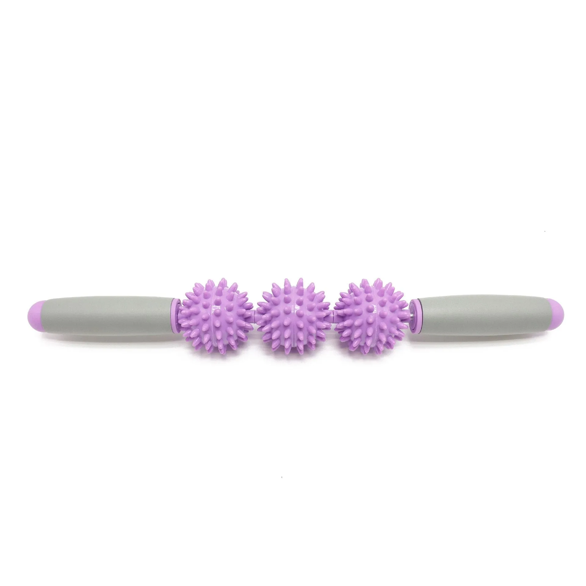 Anti cellulite massager stick with hedgehog-shaped balls and green padded ergonomic handles on a white background