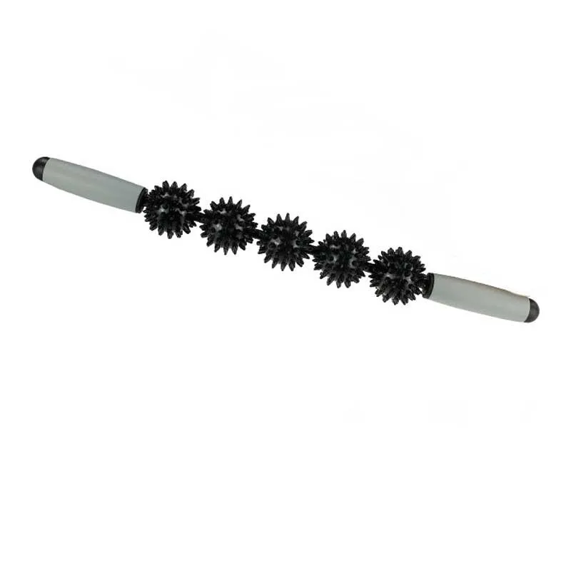 Anti cellulite massager stick with hedgehog-shaped balls and green padded ergonomic handles on a white background