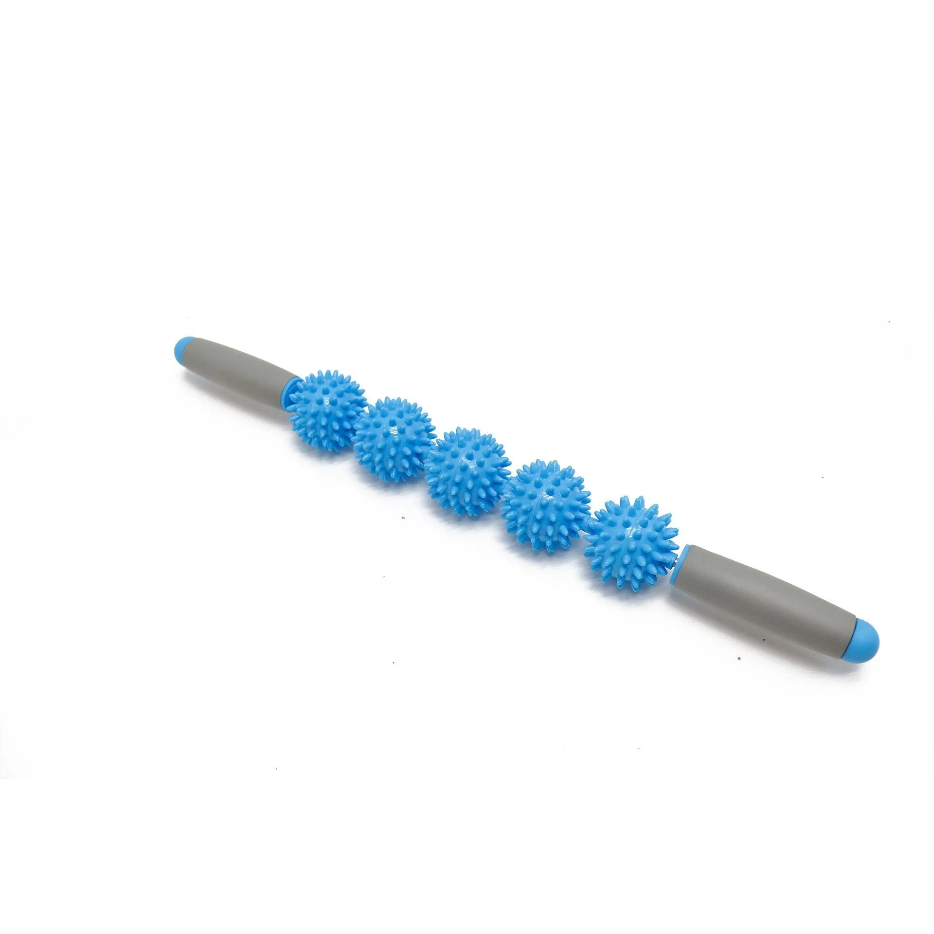 Anti cellulite massager stick with hedgehog-shaped balls and green padded ergonomic handles on a white background