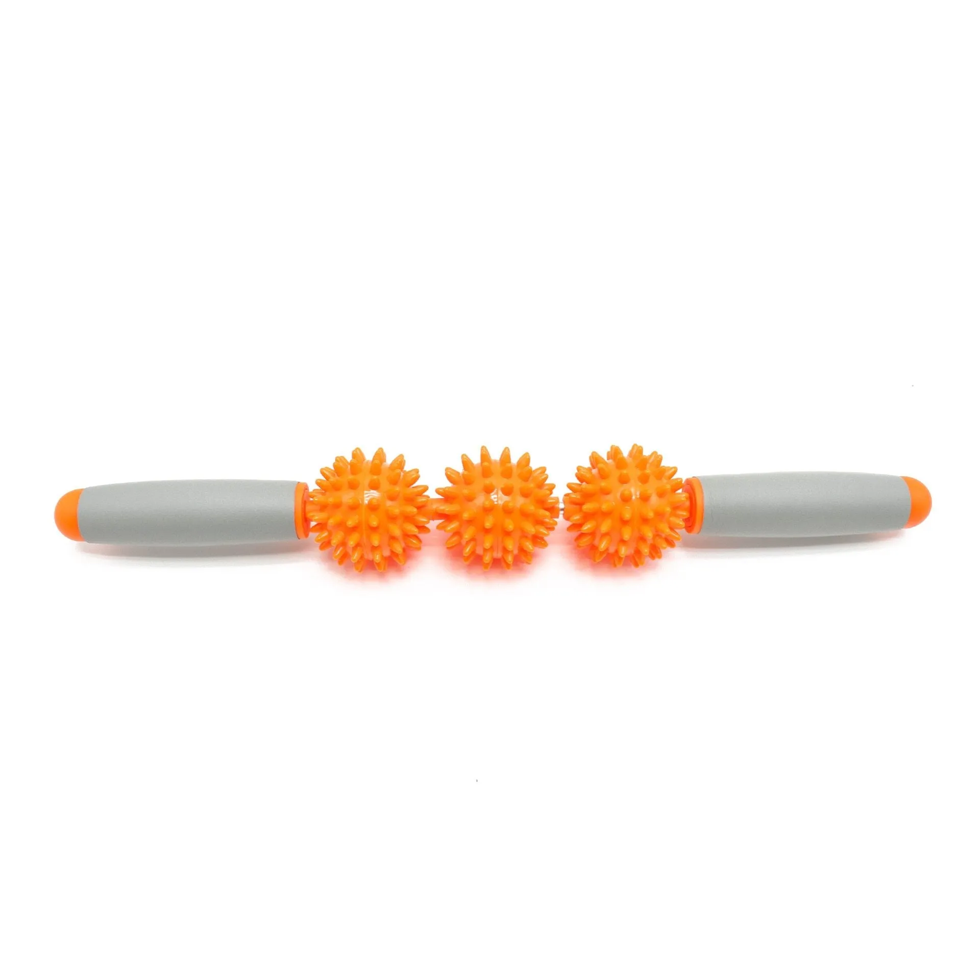 Anti cellulite massager stick with hedgehog-shaped balls and green padded ergonomic handles on a white background