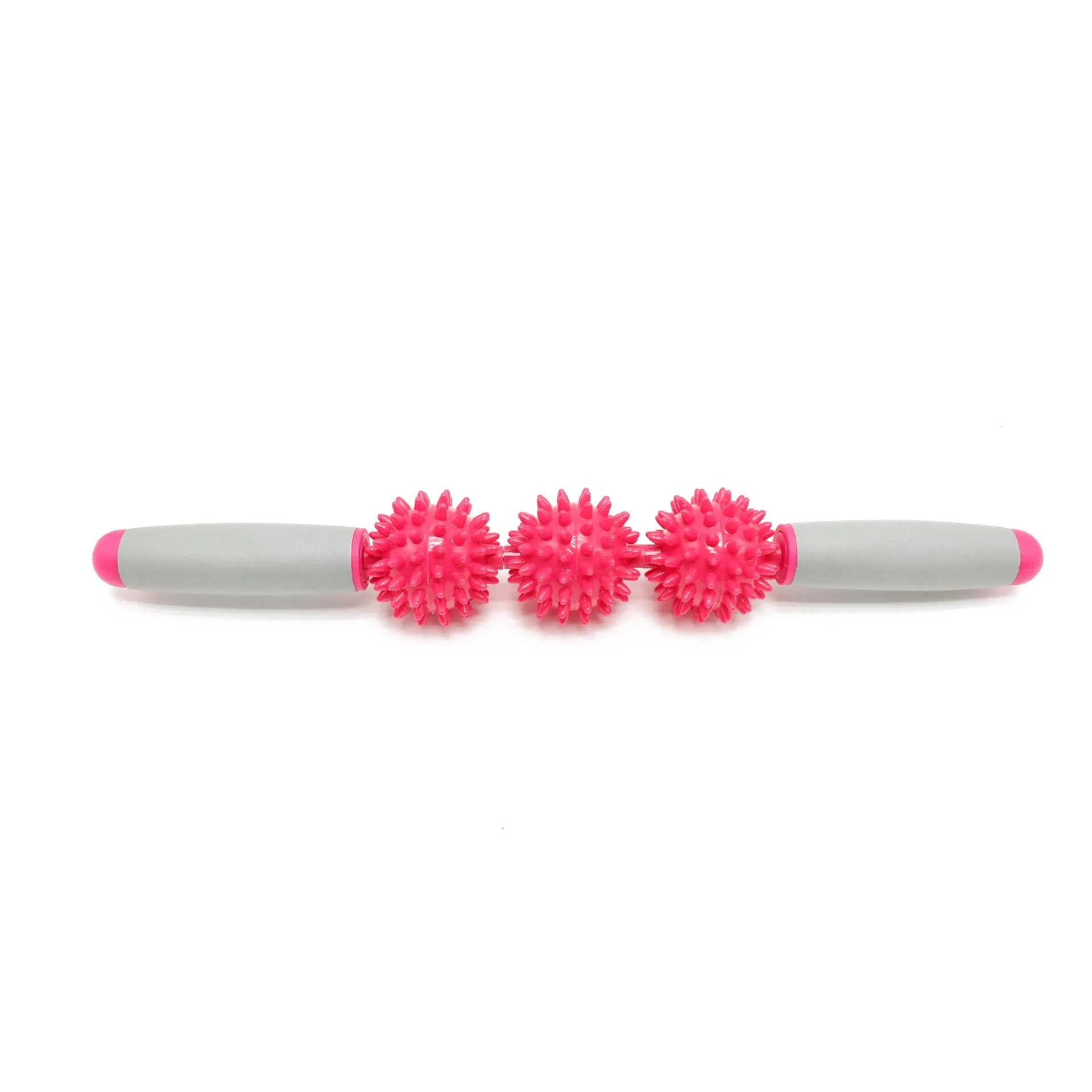 Anti cellulite massager stick with hedgehog-shaped balls and green padded ergonomic handles on a white background