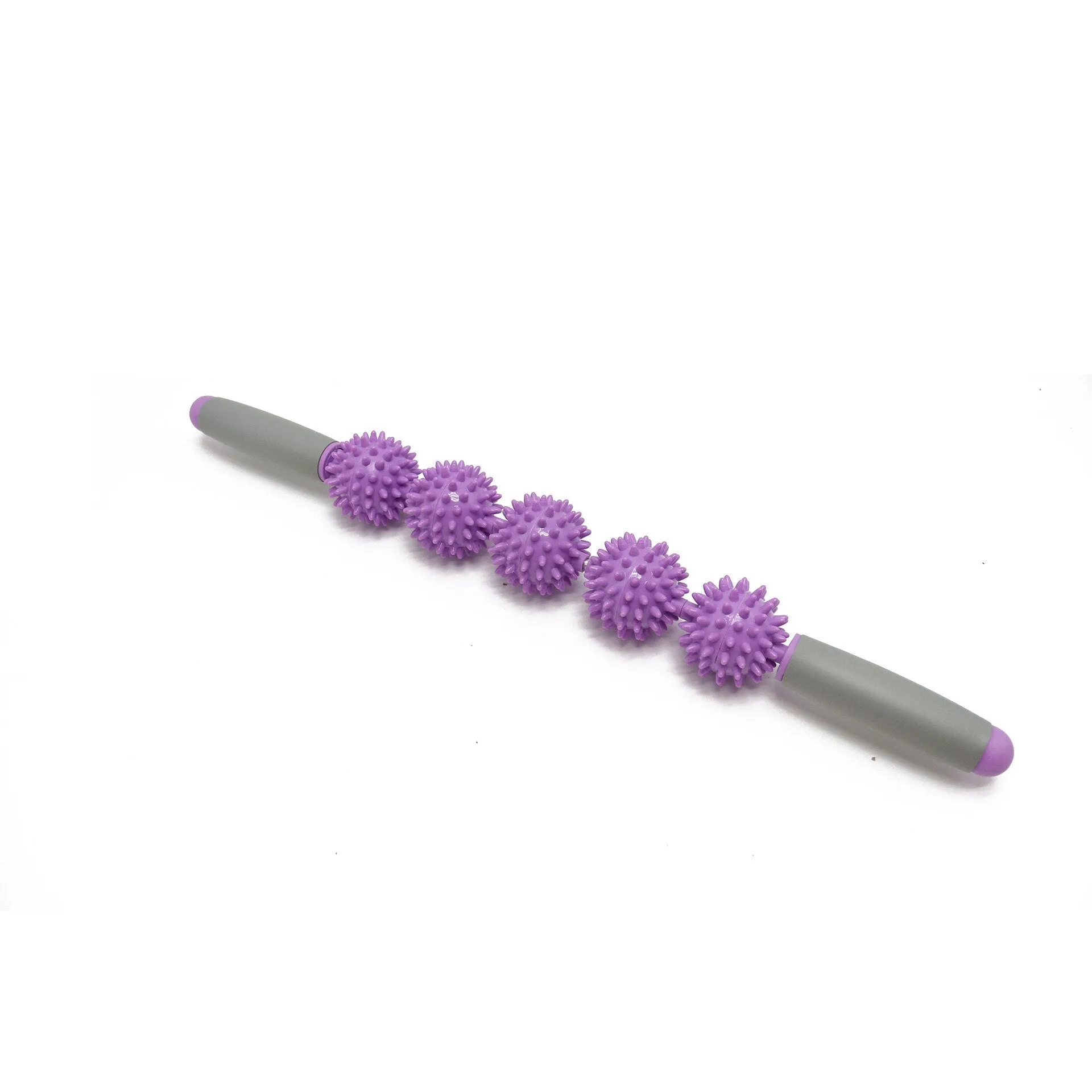 Anti cellulite massager stick with hedgehog-shaped balls and green padded ergonomic handles on a white background